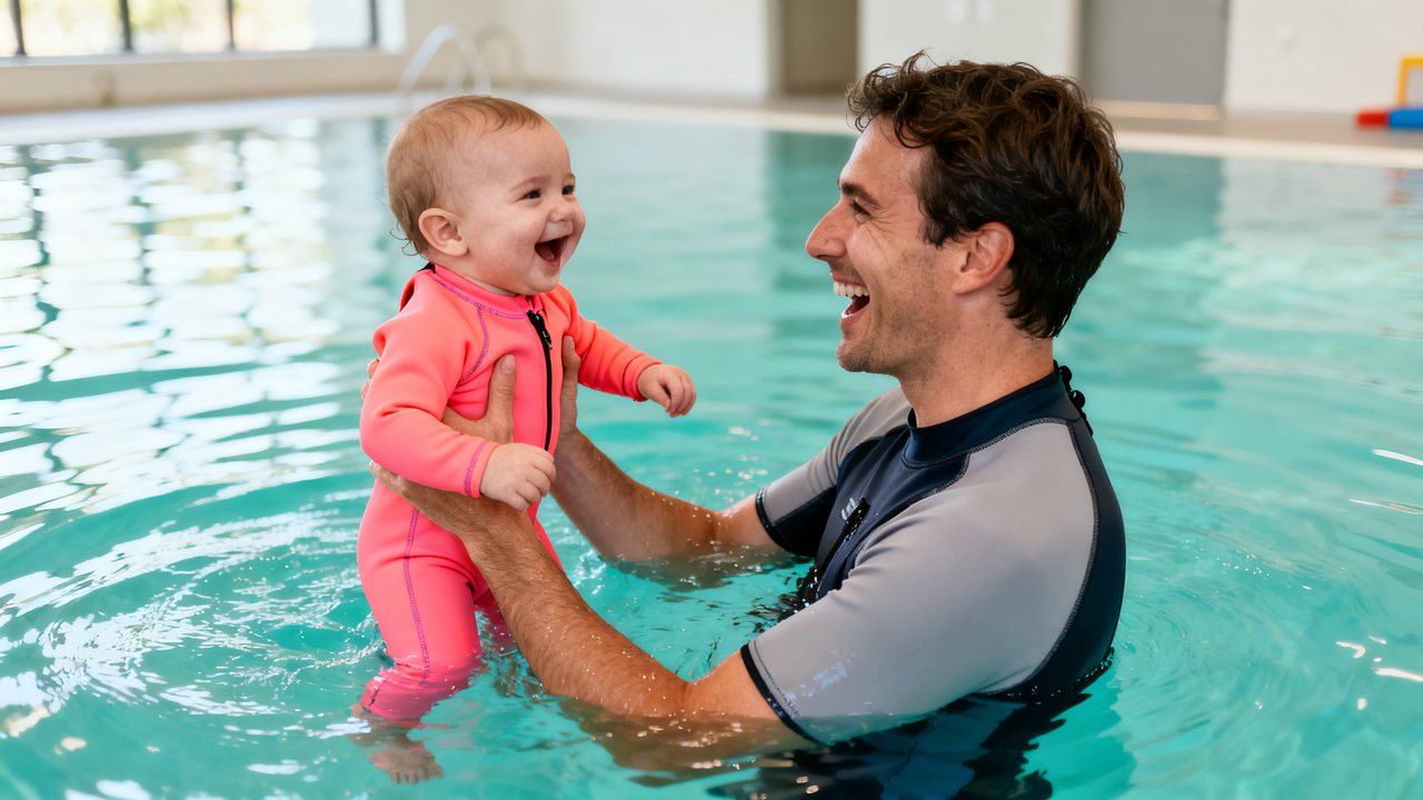 A parent standing chest-deep in a warm indoor pool, holding their laughing baby upright and clear of the water. The baby wears a bright one-piece swim suit.