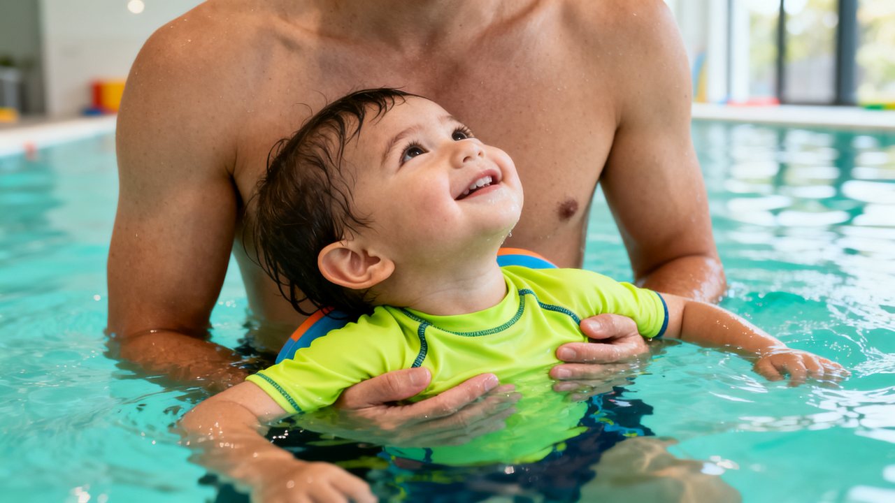 A toddler resting back against a parent's chest in the water, head on their shoulder, ears under the surface and face well clear of it, smiling up at the ceiling.