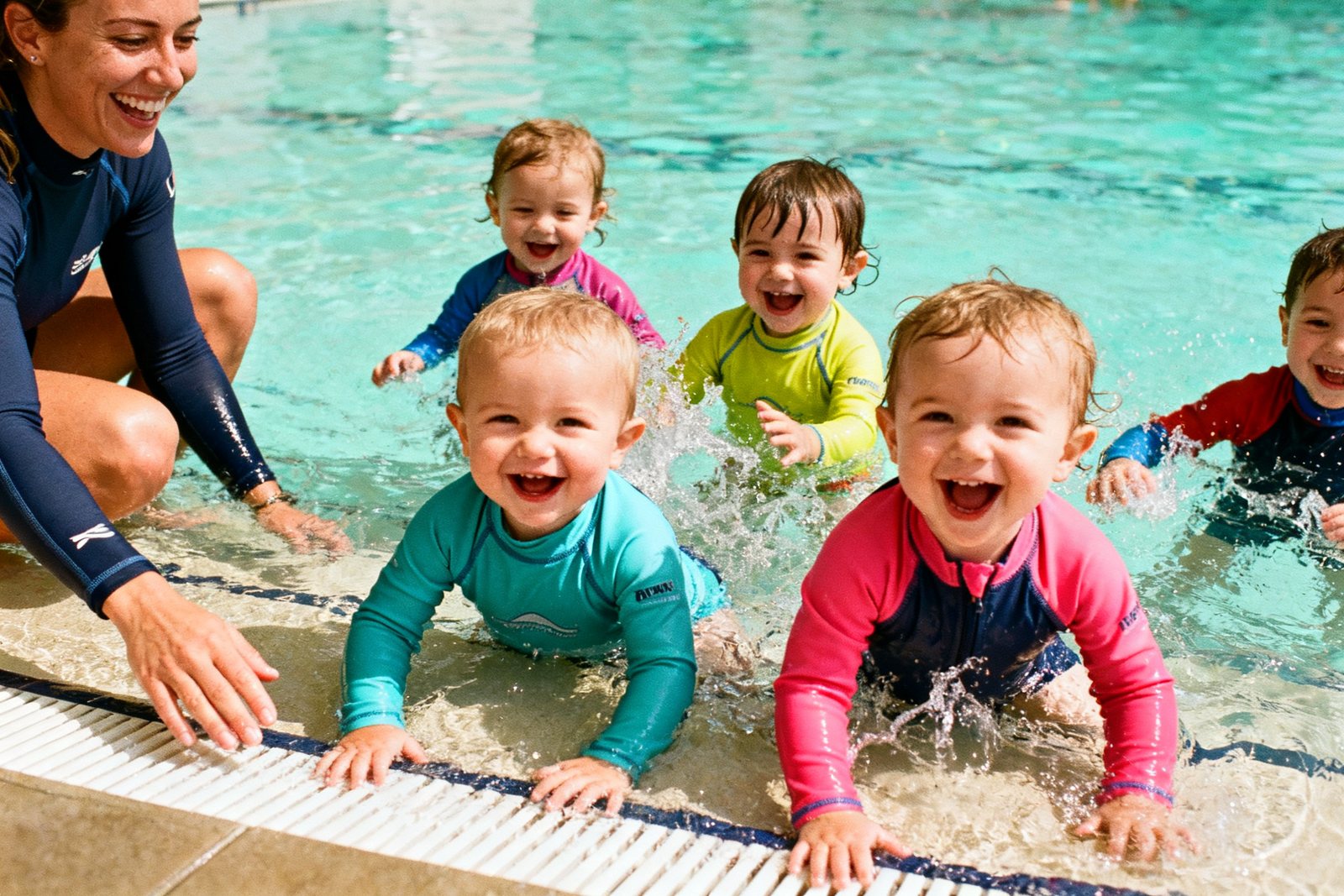 Toddlers in bright rashies laughing and splashing at the edge of a warm indoor pool, with their swim teacher in the water beside them.