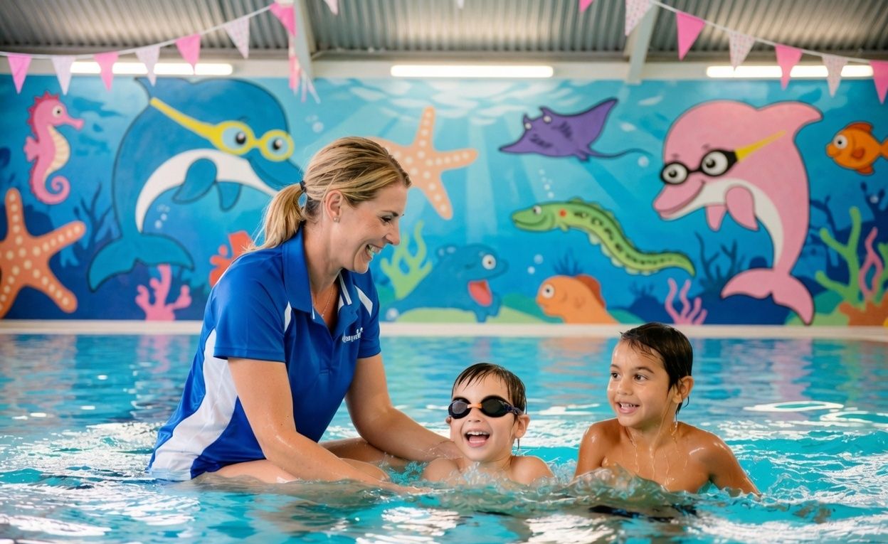 An AQUAKids instructor supporting two smiling children during a swimming lesson in the indoor pool, with a colourful underwater mural behind them.